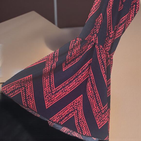 Boho Chevron Off-Shoulder Dress | Bell Sleeve Navy & pink Mini | Flowy Fit - Picture 3 of 4